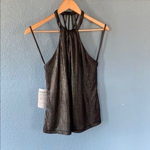 Bebe black metallic halter top w/ criss cross back